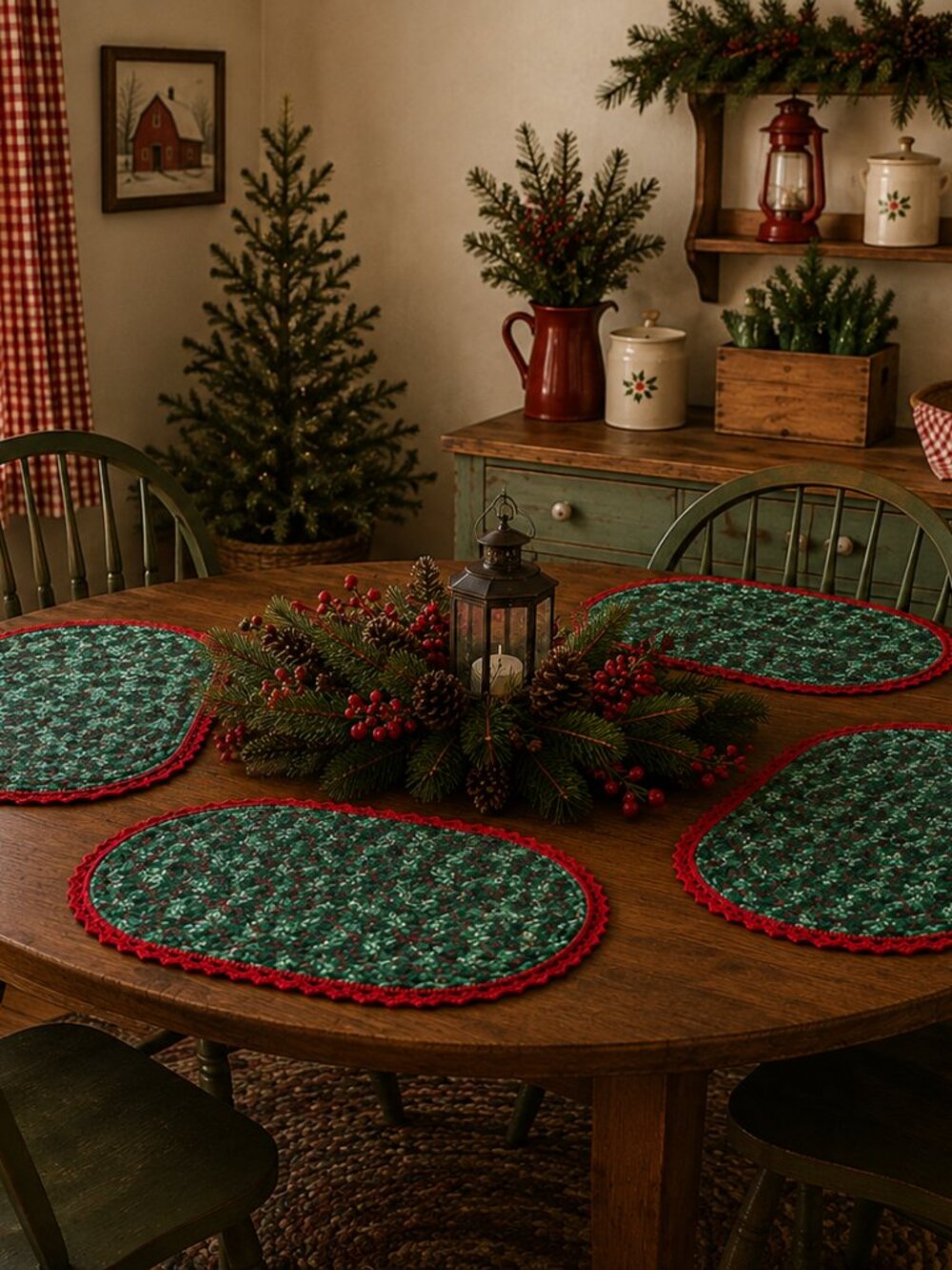 Set of 4 Handmade Christmas Holly Placemats – Crochet Red Edging 12.5” x 18”